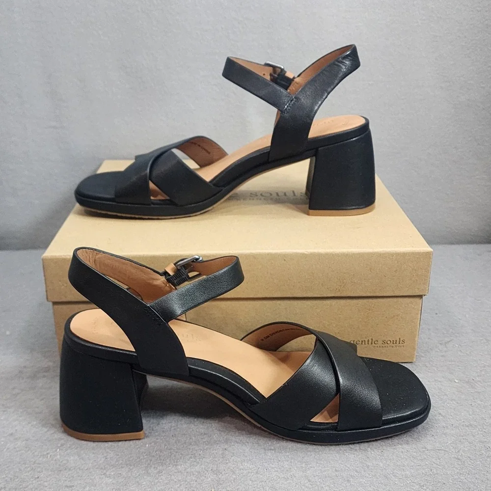 Gentle Souls Rimini‎ Black Leather Block Heel Ankle Strap Sandals Womens 9.5 NEW